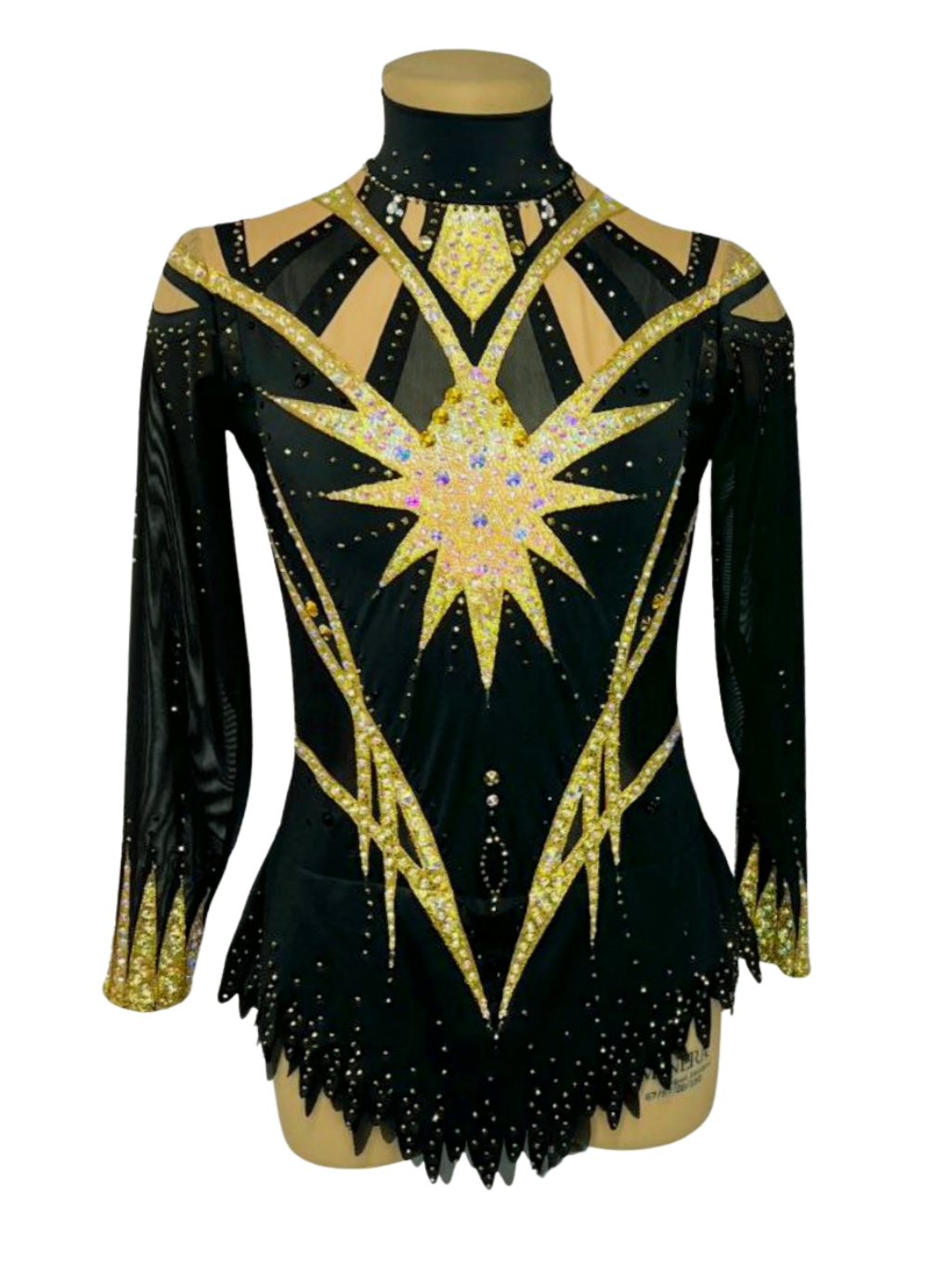 Black acrobatic gymnastics leotard with gold patterns, a high stand-up collar, two long sleeves, a flesh-colored Biflex lining under a mesh embellished with rhinestones up to 10 mm, and a double-layered skirt that covers the panties. Fully complies with current international rules of acrobatic gymnastics.