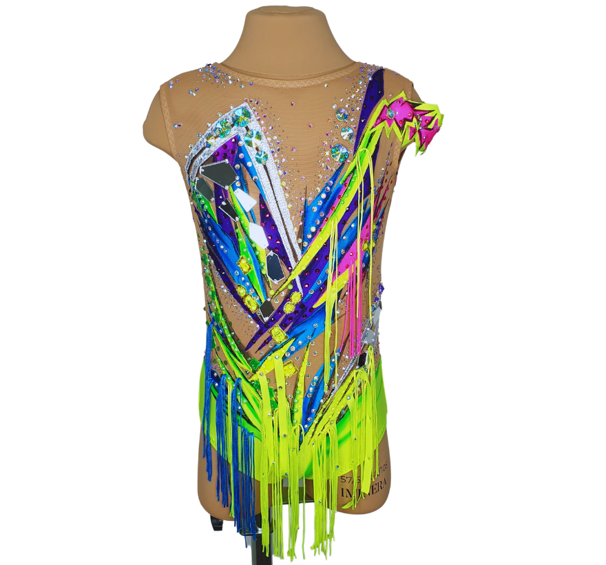 Rhythmic Gymnastics Leotard R_0473_1. Bright neon, sleeveless and no skirt. for Competition | for rhythmic and aesthetic gymnastics, acrobatics, Rock'n'Roll, Twirling Baton Dance, Artistic Roller skating, figure skating, aerial acrobatics, circus shows and other. The photo shows a suit decorated with DMS PREMIUM - 1000, 20 acrylic sew-on mirrors and 20 large sew-on rhinestones.