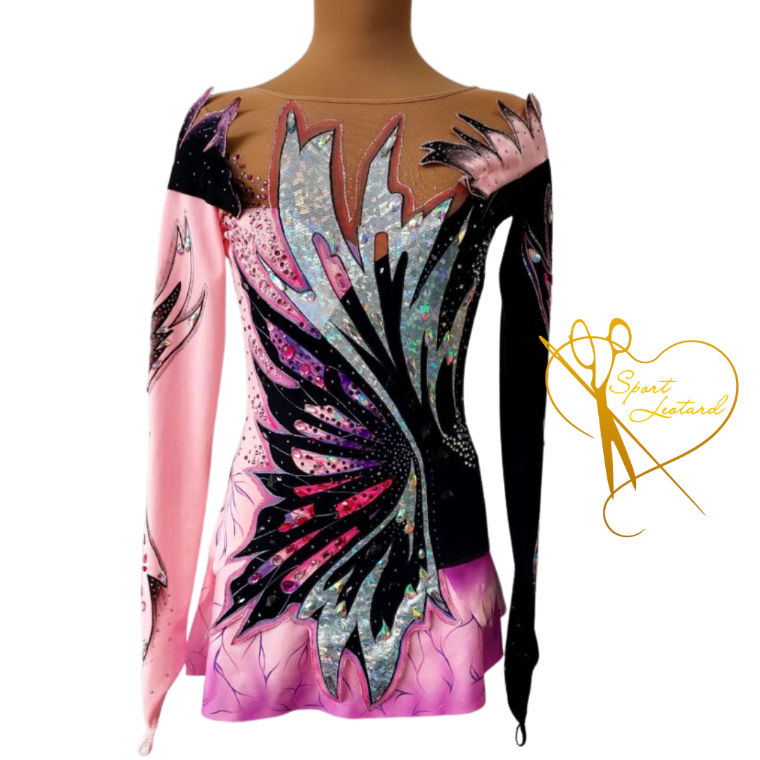 dress model "Butterfly" RGL_202314 for rhythmic and aesthetic gymnastics, acrobatics circus shows, dance performance, ice, figure, roller skating competitions. With long sleeves and skirt, butterfly patterns in pink, black and silver colors. Sparkle performance competitions dress