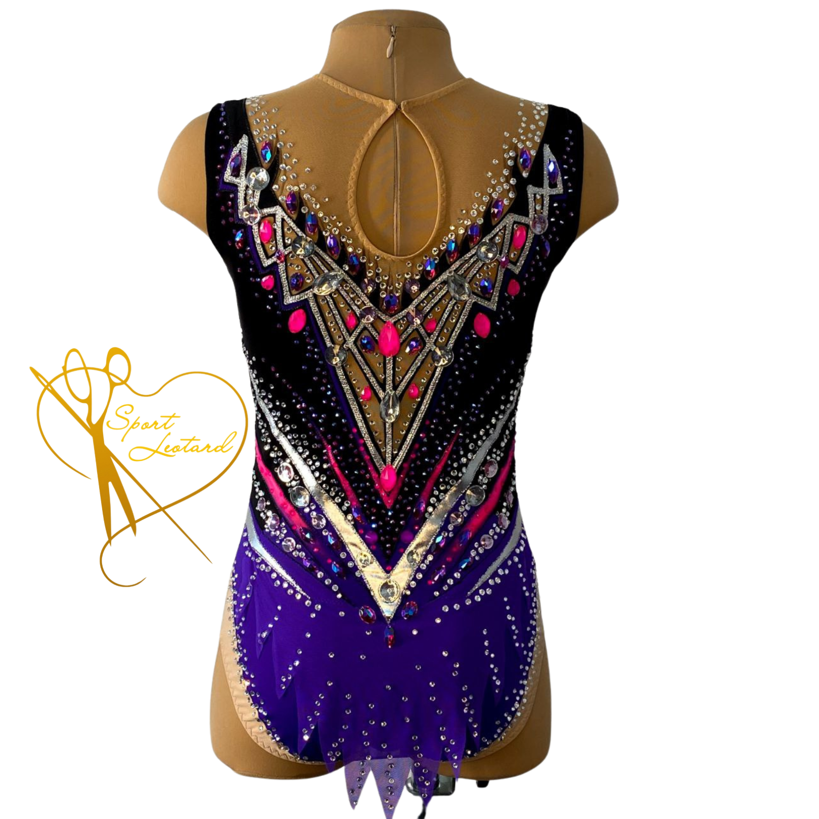 Melody An elegant original leotard for performances and competitions in black, neon pink, purple colors with silver patterns, sleeveless, with a skirt - will perfectly complement the image of a gymnast and will stand out and shine brightly on stage