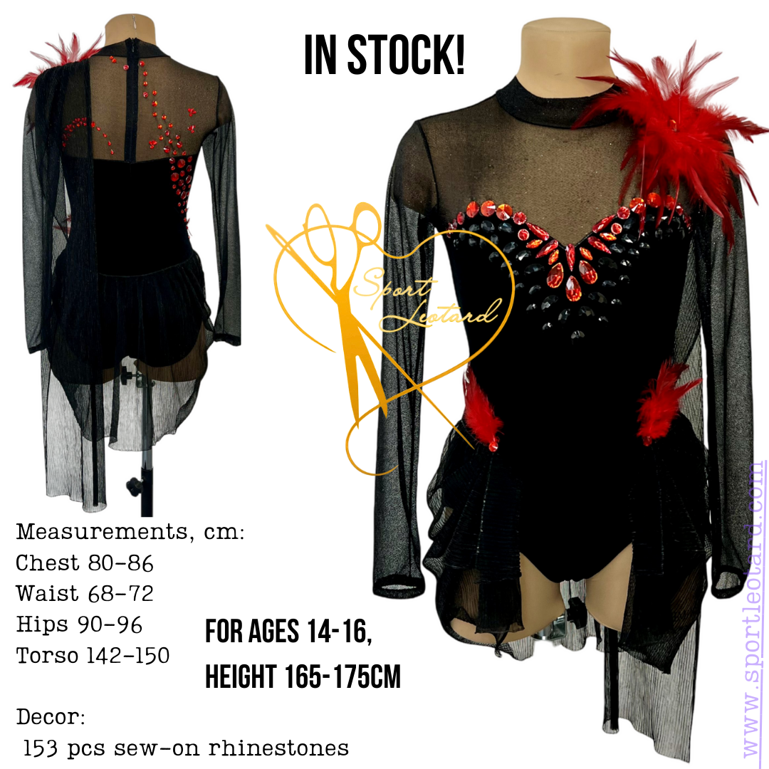 Competition performers Dance and figure skating dress “TEMPTATION” FSD_202514 In stock a chic dress made of luxurious black velvet, corrugated thin jersey with lurex, synergy of three types of fabrics, executed in an original design, decorated with feathers and red, black sewn-on rhinestones! A black spectacular dress with red accents will not leave anyone indifferent! available in a single size for 14-16 years and adults! ideal for a dance or circus show for performing at figure skating competitions! Measurements, cm: Chest 80-86 Waist 68-72 Hips 90-96 Torso 142-150 Decor: 153 pcs sew-on rhinestones